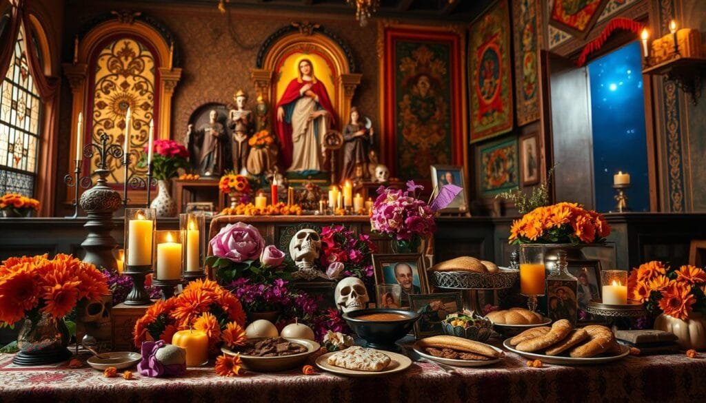 A richly detailed still life capturing the traditional Mexican "ofrendas" or offerings for the Day of the Dead celebration. In the foreground, an intricately decorated altar adorned with marigold flowers, candles, and an array of symbolic items such as sugar skulls, papel picado, and photographs of loved ones. The middle ground features an assortment of homemade mole, pan de muerto, and other traditional foods and beverages. The background showcases a warm, dimly lit interior with ornate religious iconography, vibrant tapestries, and an open window revealing the night sky. The image conveys a somber yet celebratory tone, honoring the memory of the departed with reverence and love.