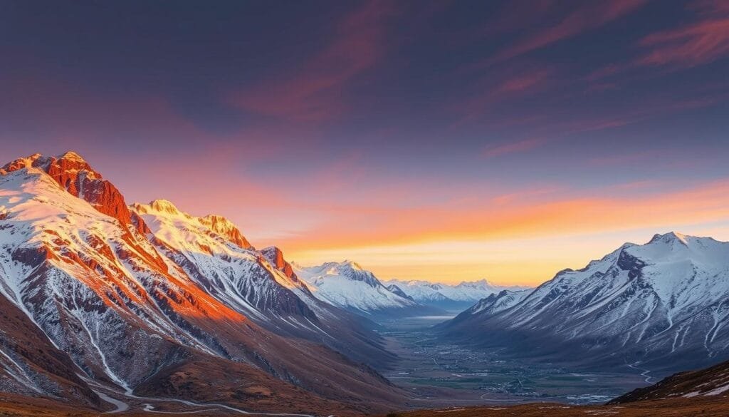 A rugged, snow-capped Andean landscape at dusk, bathed in warm, golden light. In the foreground, a lone winding road snakes through the dramatic terrain, flanked by towering, jagged peaks. In the middle ground, a small, isolated town nestled in a valley, its buildings and streets casting long shadows. The background is a vast, infinite sky, painted in hues of orange, pink, and deep blue, hinting at the raw, primal nature of this remote, austral region. A rugged, snow-capped Andean landscape at dusk, bathed in warm, golden light. In the foreground, a lone winding road snakes through the dramatic terrain, flanked by towering, jagged peaks. In the middle ground, a small, isolated town nestled in a valley, its buildings and streets casting long shadows. The background is a vast, infinite sky, painted in hues of orange, pink, and deep blue, hinting at the raw, primal nature of this remote, austral region.