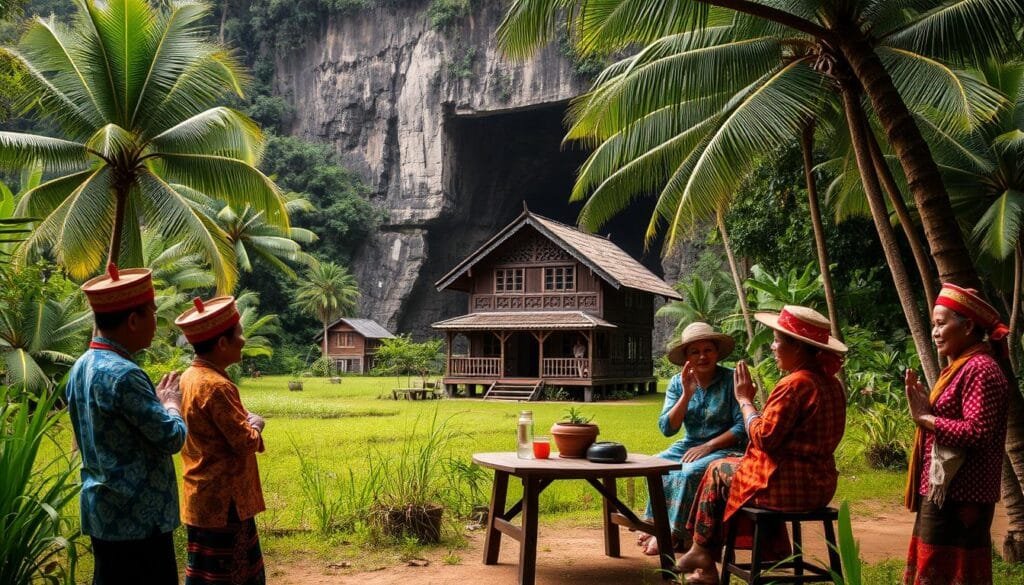 A serene Malaysian village nestled in a lush, verdant landscape. In the foreground, a group of locals dressed in traditional "Malay" attire - vibrant batik fabrics, songkok hats, and intricate accessories. They gather around a small wooden table, engaged in lively conversation, gesturing with their hands to convey respect and hospitality. In the middle ground, a quaint, stilted wooden house with intricate carvings and a thatched roof stands amidst swaying palm trees. The background showcases the entrance to a mysterious, cavernous opening - the renowned Sarawak Chamber, the largest cave passage in the world. Soft, warm lighting illuminates the scene, creating a tranquil, inviting atmosphere.