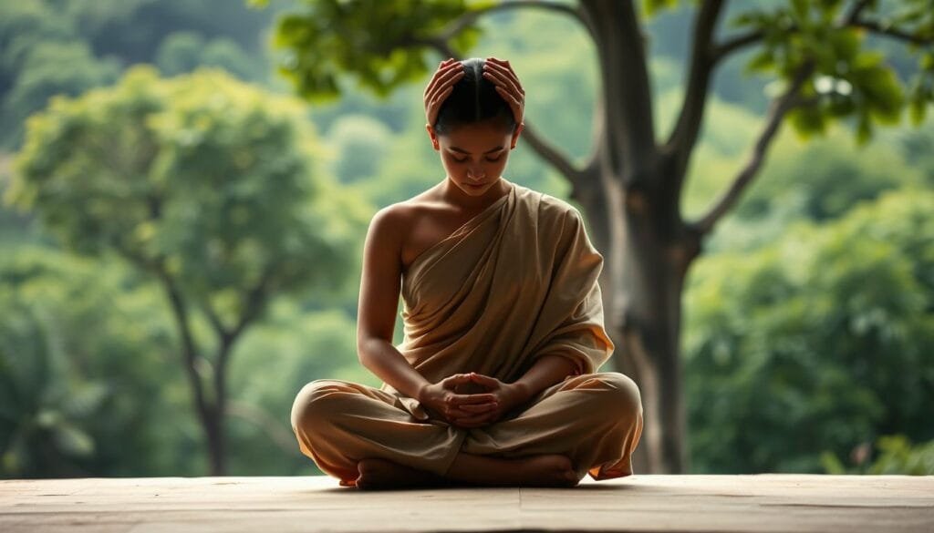A serene Thai figure seated cross-legged, their head held with reverence, as if in prayer or deep contemplation. The person's face is obscured, emphasizing the importance of the head, which is not to be touched. The body is draped in traditional Thai dress, the fabrics flowing with a sense of grace and elegance. In the background, a tranquil landscape of lush, verdant foliage, suggesting the natural harmony of the Thai environment. Soft, diffused lighting casts a warm, meditative glow, capturing the essence of Thai cultural etiquette and the reverence for the head. A serene Thai figure seated cross-legged, their head held with reverence, as if in prayer or deep contemplation. The person's face is obscured, emphasizing the importance of the head, which is not to be touched. The body is draped in traditional Thai dress, the fabrics flowing with a sense of grace and elegance. In the background, a tranquil landscape of lush, verdant foliage, suggesting the natural harmony of the Thai environment. Soft, diffused lighting casts a warm, meditative glow, capturing the essence of Thai cultural etiquette and the reverence for the head.