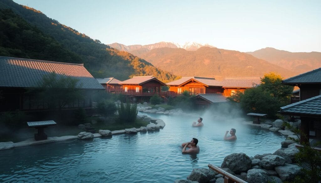 A serene and tranquil onsen nestled in a lush, verdant landscape. In the foreground, a steaming hot spring pool with bathers relaxing in the soothing waters, surrounded by smooth river stones and bamboo accents. The middle ground features traditional ryokan buildings with tiled roofs, their wooden facades bathed in warm, golden light. In the background, towering mountains rise up, their peaks dusted with a light layer of snow, creating a picturesque, quintessentially Japanese scene. The atmosphere is one of peaceful contemplation, with soft natural lighting and a sense of timeless tradition.