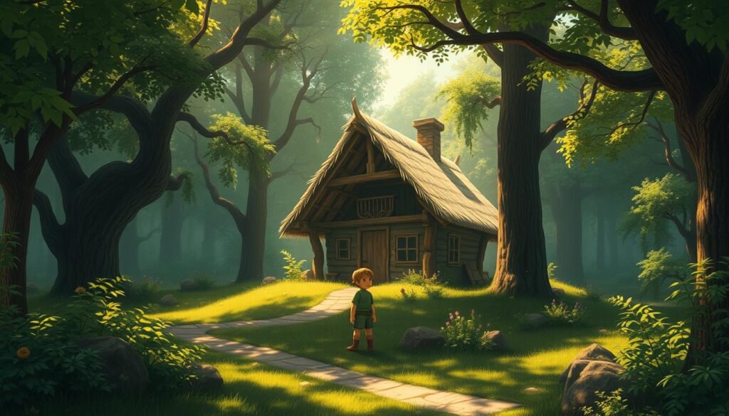 A serene forest landscape, with lush, verdant foliage and a sun-dappled clearing. In the center, a humble cottage nestled among the trees, its thatched roof and wooden beams hinting at a bygone era. A young boy, his eyes filled with wonder, stands at the cottage's entrance, gazing out at the enchanting world around him. Soft, warm lighting bathes the scene, creating a nostalgic, dreamlike atmosphere. The image captures the essence of the humble beginnings that inspired the legendary "The Legend of Zelda" franchise.