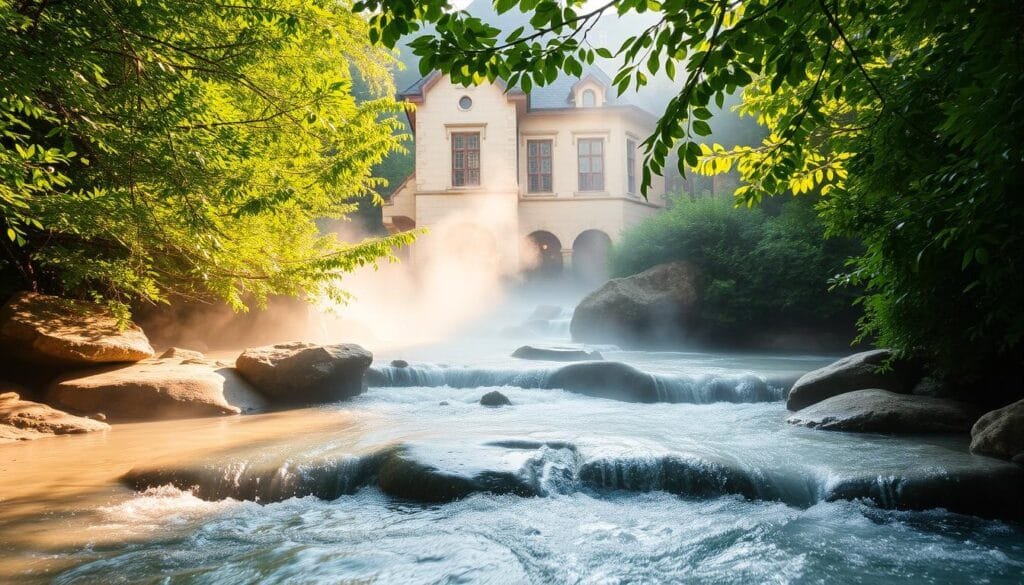 A serene geothermal spring nestled amidst lush, verdant foliage. Steaming mineral-rich waters gently flow over smooth, weathered rocks, creating a soothing, natural ambiance. Sunlight filters through the canopy, casting a warm, golden glow across the tranquil scene. In the middle distance, the outline of a traditional Hungarian bathhouse emerges, its historic architecture blending seamlessly with the surrounding landscape. The overall mood is one of relaxation and rejuvenation, inviting the viewer to imagine the revitalizing experience of soaking in these soothing thermal waters.