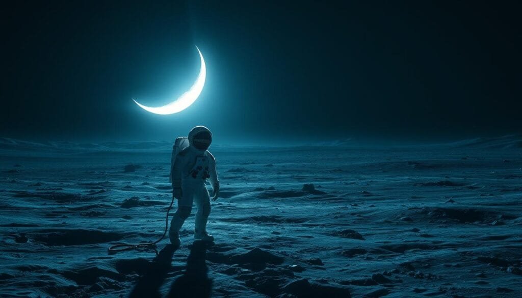 A serene lunar landscape, with a glowing, crescent moon casting a soft, ethereal light across the barren, cratered surface. In the foreground, a solitary astronaut stands, their visor reflecting the celestial glow. The astronaut's figure is framed by a halo of radiant energy, symbolizing the profound silence and isolation of the lunar environment. In the distance, a faint, ghostly echo ripples across the lunar surface, a visual metaphor for the absence of sound. The scene is bathed in a cool, bluish-gray palette, evoking a sense of tranquility and contemplation. Subtle details, such as the astronaut's tethered life support system and the distant horizon, lend a sense of realism and technical precision to the image.