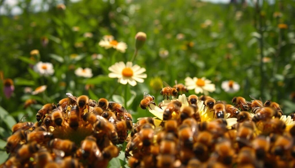 A serene outdoor scene showcasing the communication between honeybees. In the foreground, a cluster of bees perform waggle dances, their intricate movements conveying the location of a nectar-rich flower. In the middle ground, other bees antennae-touch, sharing information. In the lush, verdant background, hazy sunlight filters through swaying flowers and foliage. The overall atmosphere is one of harmony and cooperation, illustrating the sophisticated communication system that enables bees to thrive. Captured with a wide-angle lens, the image suggests the interconnectedness of the natural world. A serene outdoor scene showcasing the communication between honeybees. In the foreground, a cluster of bees perform waggle dances, their intricate movements conveying the location of a nectar-rich flower. In the middle ground, other bees antennae-touch, sharing information. In the lush, verdant background, hazy sunlight filters through swaying flowers and foliage. The overall atmosphere is one of harmony and cooperation, illustrating the sophisticated communication system that enables bees to thrive. Captured with a wide-angle lens, the image suggests the interconnectedness of the natural world.