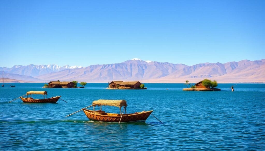A serene, panoramic view of Lago Titicaca, the highest navigable lake in the world, set against the majestic Andes mountains. In the foreground, traditional totora reed boats glide across the placid, turquoise waters, their intricate woven designs reflecting the ancient Andean craftsmanship. The middle ground features the floating Uros Islands, their thatched huts and lush, verdant vegetation contrasting with the vast, open expanse of the lake. In the background, snow-capped peaks pierce the clear, azure sky, casting warm, golden light across the tranquil scene. The overall atmosphere evokes a sense of timeless, natural wonder and the rich cultural heritage of this iconic Peruvian landmark.