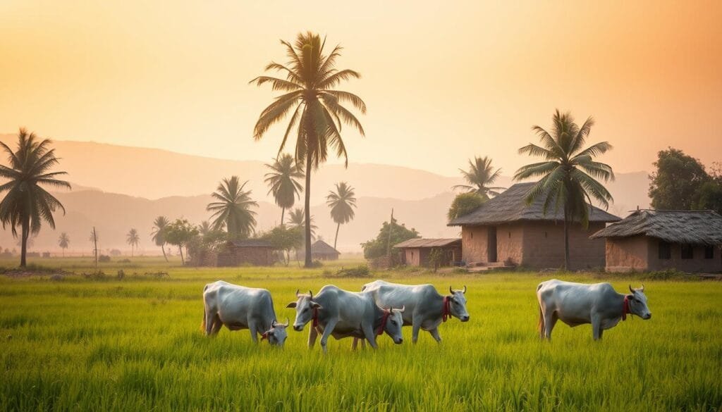 A serene pastoral scene of a small rural village in India, with a foreground of several sacred cows lazily grazing in a lush, verdant field. The cows are depicted with a soft, ethereal glow, underscoring their revered status. The middle ground features simple mud-brick houses and thatched-roof structures, surrounded by towering palm trees swaying gently in the breeze. In the background, rolling hills and a hazy, golden sky create a tranquil, timeless atmosphere, evoking the spiritual and agricultural essence of traditional Indian village life. Soft, diffused natural lighting bathes the entire scene, lending a sense of timelessness and reverence. A serene pastoral scene of a small rural village in India, with a foreground of several sacred cows lazily grazing in a lush, verdant field. The cows are depicted with a soft, ethereal glow, underscoring their revered status. The middle ground features simple mud-brick houses and thatched-roof structures, surrounded by towering palm trees swaying gently in the breeze. In the background, rolling hills and a hazy, golden sky create a tranquil, timeless atmosphere, evoking the spiritual and agricultural essence of traditional Indian village life. Soft, diffused natural lighting bathes the entire scene, lending a sense of timelessness and reverence.