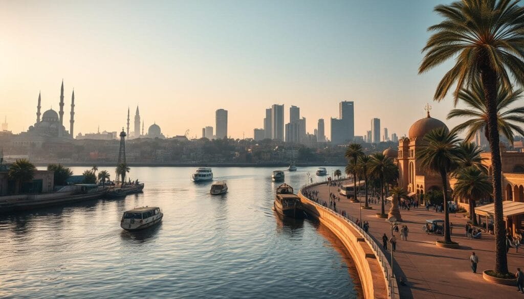 A serene riverside city nestled along the Nile River, Khartoum, the capital of Sudan, stands as a captivating blend of ancient history and modern architecture. Capture the essence of this unique place with a wide-angle lens, showcasing the striking skyline of towering mosques and modern skyscrapers rising against a clear, golden-hour sky. In the foreground, depict the bustling promenade along the river's edge, with people strolling, boats drifting, and the iconic confluence of the Blue and White Nile creating a tranquil, reflective surface. Weave in details like palm trees, traditional Sudanese architecture, and the warm, earthy tones that permeate the city, conveying a sense of timeless, cultural richness. Let the scene exude a mood of serene contemplation, highlighting Khartoum's status as a truly remarkable and historically significant location on the world map. A serene riverside city nestled along the Nile River, Khartoum, the capital of Sudan, stands as a captivating blend of ancient history and modern architecture. Capture the essence of this unique place with a wide-angle lens, showcasing the striking skyline of towering mosques and modern skyscrapers rising against a clear, golden-hour sky. In the foreground, depict the bustling promenade along the river's edge, with people strolling, boats drifting, and the iconic confluence of the Blue and White Nile creating a tranquil, reflective surface. Weave in details like palm trees, traditional Sudanese architecture, and the warm, earthy tones that permeate the city, conveying a sense of timeless, cultural richness. Let the scene exude a mood of serene contemplation, highlighting Khartoum's status as a truly remarkable and historically significant location on the world map.