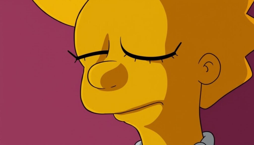 A serene, soft-lit close-up of Lisa Simpson's face, her eyes closed in contemplation, her lips slightly parted as if speaking her "primera palabra lisa" - the first word she ever uttered. The lighting is gentle, almost ethereal, casting a warm, comforting glow on her features. The background is muted and blurred, allowing the viewer to focus entirely on Lisa's tranquil expression. The framing is tight, emphasizing the delicacy and innocence of the moment. The overall mood is one of introspection and calm, a striking contrast to Bart's boisterous "Ay, caramba!" - a parallel of the siblings' distinct personalities.