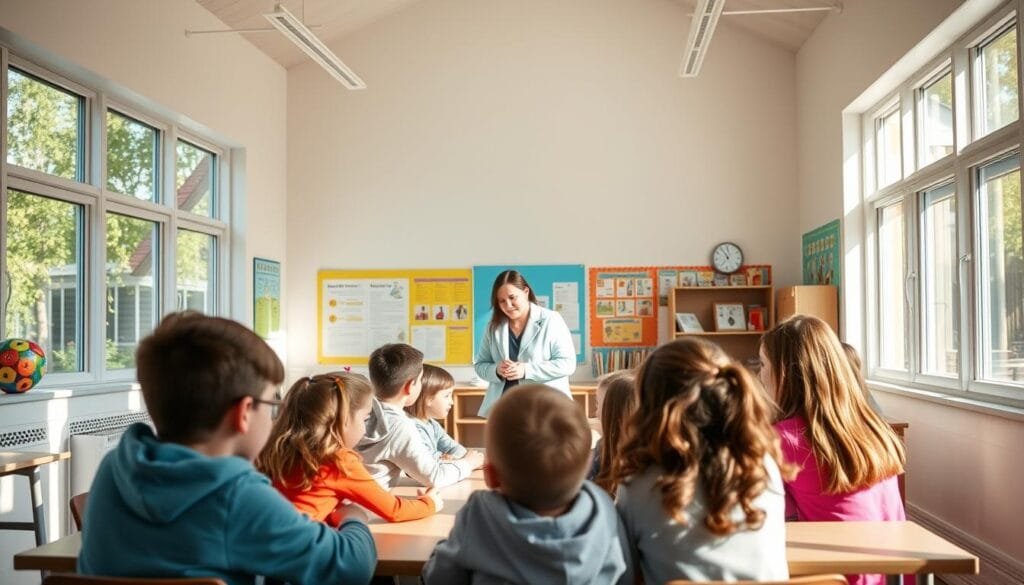 A serene, sun-dappled classroom in a modern Finnish school, with large windows letting in natural light. In the foreground, a group of students, diverse in age and background, engaged in an interactive, collaborative learning session. The middle ground features a teacher guiding the class, their demeanor calm and encouraging. In the background, the walls are adorned with vibrant educational displays and artwork, reflecting Finland's emphasis on creativity and holistic development. The overall atmosphere conveys a sense of tranquility, curiosity, and a focus on fostering well-rounded, empowered individuals.