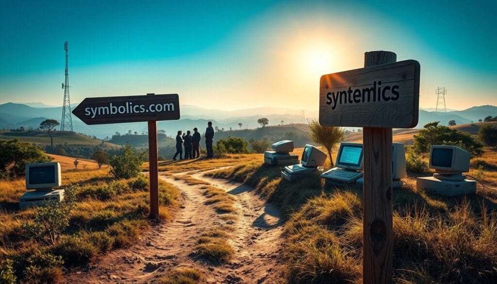 A serene, sun-dappled landscape from the early days of the internet, featuring the iconic "symbolics.com" as the first registered domain name, standing prominently on a weathered, wooden signpost. In the foreground, a winding dirt path leads towards a cluster of retro-futuristic computers and modems, their screens flickering with lines of code. The middle ground is dotted with lush greenery and towering antennas, hinting at the nascent network infrastructure. In the distance, a hazy horizon is punctuated by the silhouettes of early internet pioneers, capturing the sense of wonder and limitless possibilities that defined the dawn of the digital age.