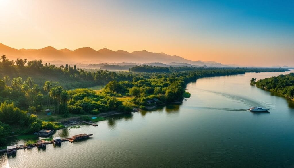 A serene, sun-dappled vista of the mighty Mekong River snaking through the lush, verdant landscapes of Laos. In the foreground, the tranquil waters reflect the verdant riverbanks, dotted with vibrant foliage and towering, ancient trees. Graceful boats and wooden docks line the shores, capturing the essence of the river's role as a vital trade route and lifeline for the local communities. In the middle distance, rolling hills and misty mountain peaks rise majestically, creating a breathtaking backdrop that evokes the rugged, untamed beauty of Laos. The warm, golden light filters through the scene, casting a warm, inviting glow and imbuing the landscape with a sense of timeless serenity.