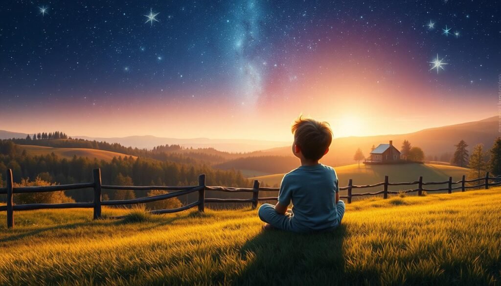 A serene, sunlit childhood landscape in the style of Steven Spielberg's early memories. In the foreground, a young boy sits cross-legged on a grassy hill, gazing up at a vibrant night sky filled with twinkling stars. Behind him, a rustic wooden fence winds through a pastoral scene of rolling hills, lush forests, and a distant farmhouse bathed in a warm, golden glow. Soft, diffused lighting casts long shadows and creates an atmosphere of wonder and nostalgia. The scene evokes a sense of exploration, imagination, and the magic of youth, reflecting the spirit of Spielberg's own formative years.