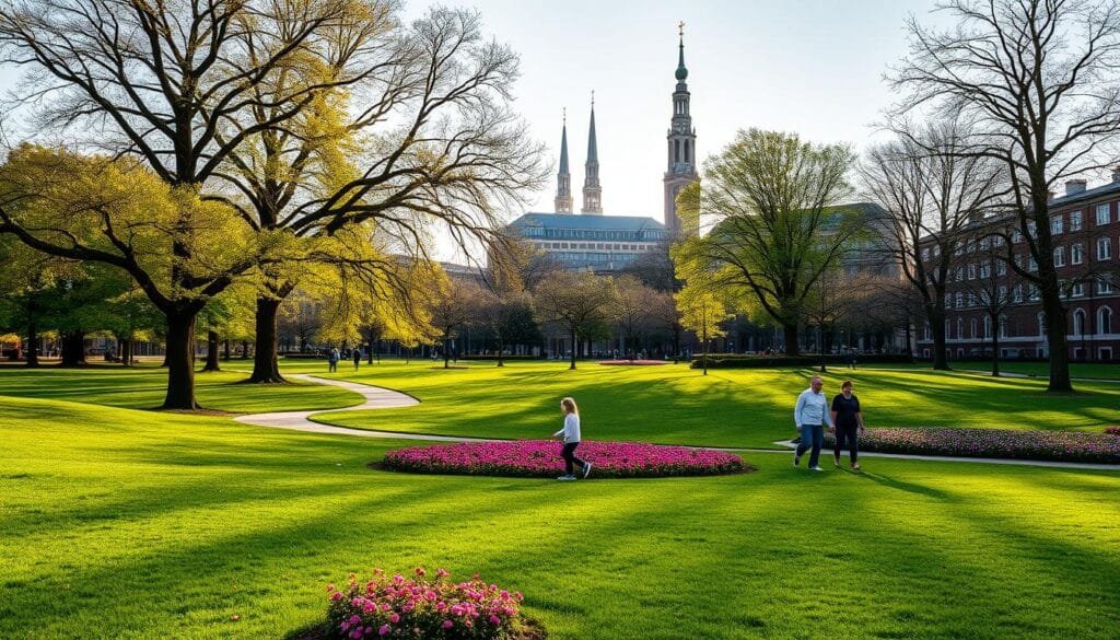 A serene urban park in Riga, Latvia, on a sunny spring day. In the foreground, lush green lawns dotted with vibrant blooms and winding pathways. A family enjoys a leisurely stroll, embracing the modern yet sustainable lifestyle. The middle ground features mature trees casting gentle shadows, providing a tranquil respite from the bustling city. In the background, modern low-rise buildings and gleaming spires rise, seamlessly blending historic and contemporary architecture. The scene is bathed in warm, golden light, creating a sense of harmony and progress. A picturesque representation of Latvian urban connectivity and environmental consciousness.