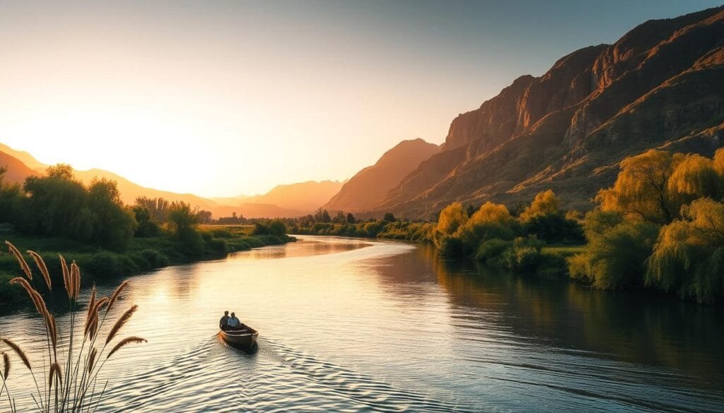 A serene, wide river winding through a lush, verdant landscape, flanked by towering mountains in the distance. The water reflects the golden hues of the setting sun, casting a warm, tranquil glow over the scene. Tall, swaying reeds and willows line the riverbanks, creating a picturesque, natural setting. In the foreground, a small wooden boat drifts lazily, its occupants taking in the breathtaking vista. The composition is balanced, with the river as the focal point, framed by the dramatic mountain range and accented by the rich, earthy tones of the vegetation. Capture the timeless, timeless beauty of this untamed, natural wonder.