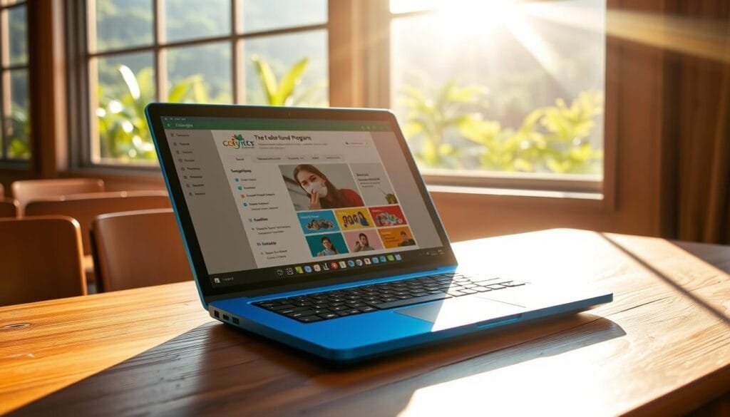 A sleek, lightweight laptop with a vibrant blue shell rests on a wooden desk, its screen displaying an educational interface. Sunlight streams through large windows, casting a warm glow on the scene. In the background, a lush, verdant landscape can be seen, hinting at the global impact of this innovative social and educational program. The laptop's design is both practical and visually striking, reflecting the forward-thinking nature of this pioneering initiative that has inspired the world.
