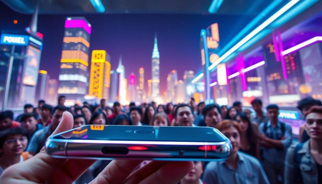 A sleek, metallic mobile phone dominates the foreground, its glossy surface reflecting the bright overhead lighting. In the middle ground, a crowd of people awestruck by the device, their expressions conveying a sense of wonder and fascination. The background features a futuristic cityscape, with towering skyscrapers and a vibrant, neon-lit skyline, suggesting the transformative impact of this new technology on the world. The image captures the initial excitement and adoption of mobile phones, a pivotal moment in the evolution of communication and connectivity.