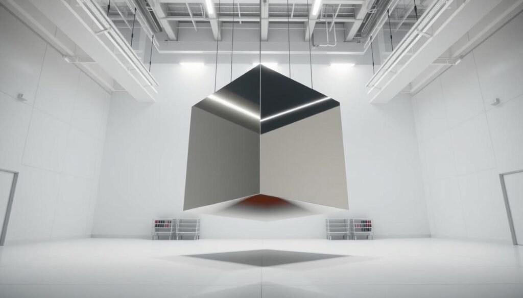 A sleek, modern industrial setting with a large, prominently displayed cube-shaped object suspended in the center. The cube's surface appears to be made of a shiny, reflective material, possibly metal or glass, catching the light from a high-contrast, directional lighting setup. The background is clean and minimalist, with a hint of architectural elements like clean lines and geometric shapes to create a sense of precision and innovation. The overall mood is one of scientific discovery, technological advancement, and the exploration of new and unexpected applications of a unique geometric form.