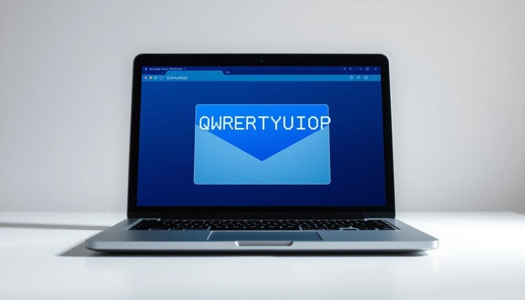 A sleek, modern laptop screen displaying an open email application, its interface stylishly designed in shades of blue and grey. The email window showcases the iconic "QWERTYUIOP" text, a nod to the historic first electronic message transmitted between two computers. The laptop is set against a minimalist backdrop, capturing the evolution of communication from a technical experiment to a global revolution. Soft, diffused lighting illuminates the scene, creating a sense of technological progress and the far-reaching impact of email in the modern digital landscape.