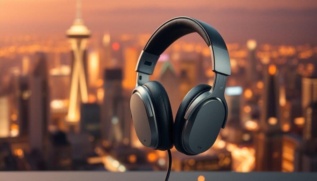 A sleek, modern pair of noise-cancelling headphones against a backdrop of a bustling urban cityscape. The foreground features the headphones in a neutral color palette, capturing the minimalist design and advanced technology. The middle ground showcases a vibrant city skyline, hinting at the need for intelligent hearing protection in daily life. The background is softly blurred, creating a sense of depth and emphasis on the protective gear. Warm lighting from the city below casts a subtle glow, conveying a sense of safety and comfort. The overall atmosphere is one of practicality, sophistication, and the harmony between technology and modern living.