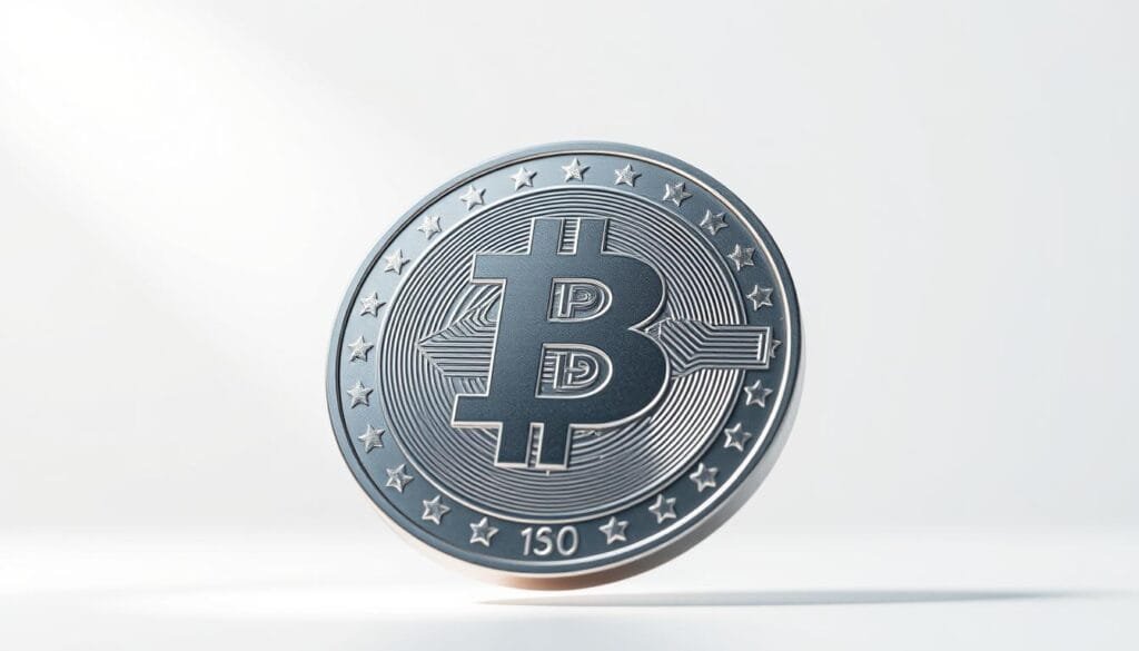 A sleek, modern peso coin hovering in a bright, airy environment. The peso is rendered in highly detailed, meticulously shiny metallic textures that catch the light, highlighting its intricate design elements. The coin appears to be slightly elevated, as if suspended, against a clean, minimalist background that allows the peso to be the central focus. Soft, diffused lighting from multiple angles creates depth and dimensionality, accentuating the peso's three-dimensional form. The overall mood is one of simplicity, refinement, and technological prowess, reflecting the advancements in mobile phone design and functionality compared to the bulky, battery-draining models of the past.
