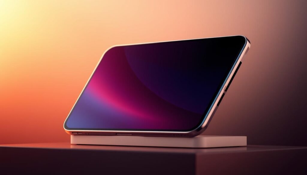 A sleek, modern smartphone with a large, high-resolution display dominates the center of the frame. The device's premium metal and glass construction gleams under warm, natural lighting, reflecting the luxurious and powerful nature of a flagship "gama alta" device. In the background, a subtle gradient of complementary colors sets an elegant, futuristic tone. The overall composition emphasizes the smartphone's technical prowess and advanced capabilities, hinting at its potential to outperform even the most powerful computers of the past.
