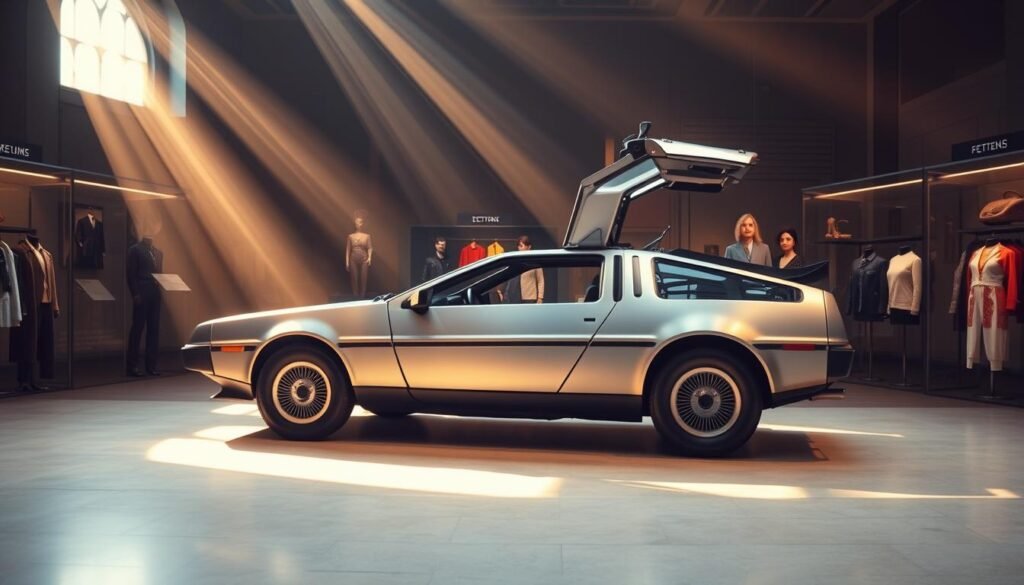 A sleek, silver DeLorean DMC-12 stands prominently in the foreground, its iconic gull-wing doors open, inviting exploration. Rays of warm, golden light stream through the windows, casting a nostalgic glow over the scene. In the middle ground, the car is displayed in a well-curated exhibition space, surrounded by carefully arranged fashion items and accessories, hinting at the car's connection to Chile's vibrant design legacy. The background features subtle, blurred architectural details, suggesting the prestigious museum setting. The overall atmosphere is one of reverence and appreciation for this unique, time-traveling artifact and its place in Chilean cultural history.