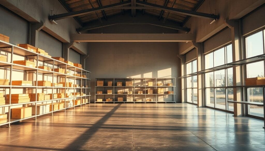 A spacious storage room with high ceilings and sleek, minimalist shelves. The shelves are filled with neatly arranged boxes and containers, casting long shadows across the polished concrete floor. Soft, warm lighting from recessed fixtures creates a cozy, inviting atmosphere, while large windows allow natural light to filter in, creating a sense of openness and tranquility. The room has a modern, efficient feel, conveying a sense of order and organization. The overall composition suggests the concept of "weight" in terms of space, volume, and the efficient use of physical resources.
