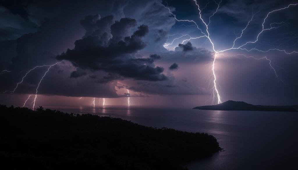 A spectacular display of nature's power, a nighttime panorama of the Catatumbo lightning phenomenon in Venezuela. Vivid bolts of electricity crackle across the sky, illuminating the serene surface of a vast lake or river. In the foreground, towering storm clouds loom, their dramatic shapes casting deep shadows. The middle ground features a dense, lush jungle canopy, the leaves glowing in the ethereal light. In the distance, a low mountain range rises, its silhouette hazy and mysterious. The lighting is dramatic, with the lightning flashes casting dramatic chiaroscuro effects. The overall mood is one of raw, awe-inspiring power and natural grandeur.