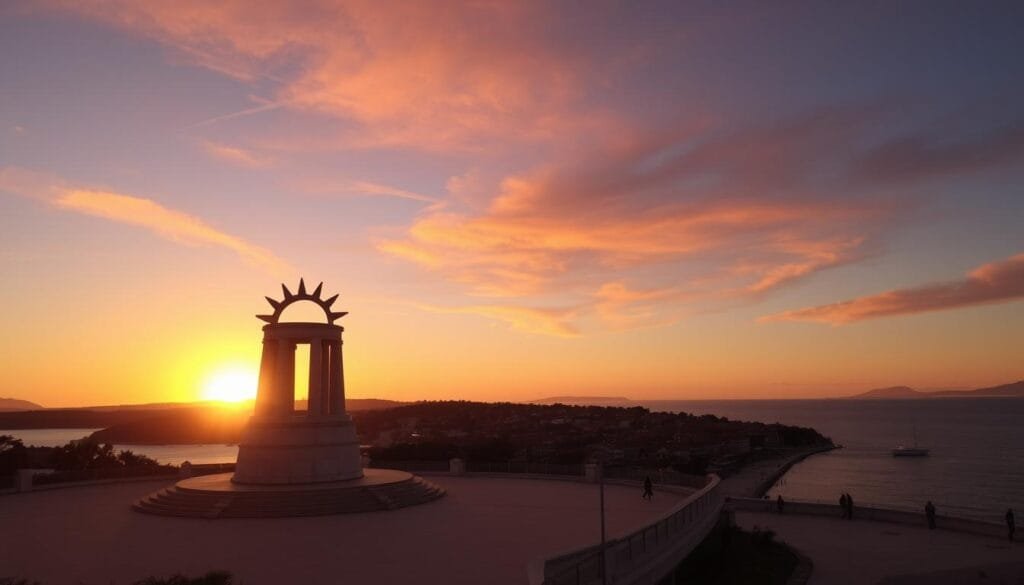 A spectacular sunset over the historic city of Zadar, Croatia. In the foreground, the iconic Sun Salutation monument stands tall, casting dramatic shadows as the sun dips below the horizon. The middle ground features the picturesque Zadar promenade, with people strolling and taking in the breathtaking view. In the distance, the Adriatic Sea glimmers with a warm, golden hue, reflecting the vibrant sky filled with hues of orange, pink, and purple. The scene is bathed in a soft, diffused light, creating a serene and captivating atmosphere. Capture the essence of this magnificent natural spectacle, a sight that has earned Zadar the reputation of having one of the most beautiful sunsets in the world.