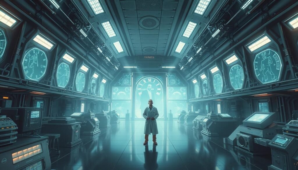 A sprawling, futuristic laboratory, its walls adorned with intricate machinery and holographic displays. In the center, a lone scientist stands, deep in contemplation, grappling with the paradox of time travel. The scene is bathed in a soft, ethereal glow, with subtle rays of light filtering through high-tech windows. The scientist's expression is one of both wonder and concern, reflecting the delicate balance between the possibilities and perils of altering the past. The background is a seamless blend of advanced technology and the ghostly silhouettes of historical figures, hinting at the interconnected nature of time and space. Elegant, minimalist design elements complement the overall sense of scientific discovery and the pursuit of theoretical solutions to the "Grandfather Paradox."