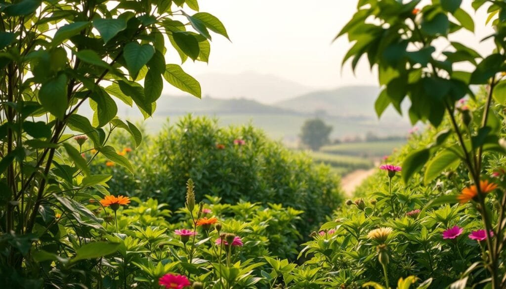 A sprawling, lush garden scene, with verdant plants and vibrant flowers in the foreground, their leaves rustling gently in a soft breeze. In the middle ground, a cluster of thriving crops, their stems and leaves intertwined, conveying a sense of interconnectedness. In the background, a hazy, atmospheric landscape, with distant rolling hills and a softly overcast sky, creating a sense of tranquility and serenity. The lighting is natural and diffuse, casting a warm, golden glow over the entire scene. The composition is balanced and harmonious, inviting the viewer to immerse themselves in the peaceful, natural world of plant communication. A sprawling, lush garden scene, with verdant plants and vibrant flowers in the foreground, their leaves rustling gently in a soft breeze. In the middle ground, a cluster of thriving crops, their stems and leaves intertwined, conveying a sense of interconnectedness. In the background, a hazy, atmospheric landscape, with distant rolling hills and a softly overcast sky, creating a sense of tranquility and serenity. The lighting is natural and diffuse, casting a warm, golden glow over the entire scene. The composition is balanced and harmonious, inviting the viewer to immerse themselves in the peaceful, natural world of plant communication.