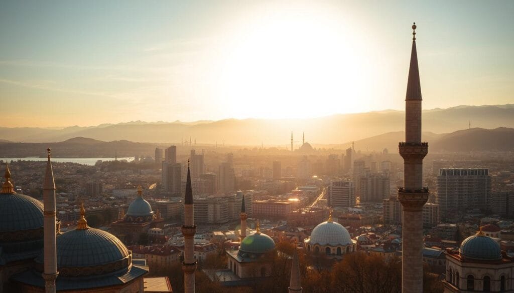 A sprawling transcontinental landscape, where the Eastern and Western worlds collide. In the foreground, towering minarets and domes of ancient mosques punctuate the skyline, their intricate architecture casting long shadows in the warm, golden light of the setting sun. The middle ground reveals a bustling urban center, a tapestry of modern high-rises and traditional Ottoman-style buildings, bustling with the energy of a vibrant, multicultural society. In the distance, rolling hills and snow-capped mountains rise, creating a dramatic backdrop that speaks to Turkey's diverse and breathtaking geography. The overall scene conveys a sense of timelessness, where the old and new coexist in perfect harmony, reflecting the unique and captivating essence of this transcontinental nation.