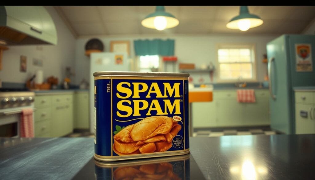 A stainless steel kitchen counter, with a vintage Hormel Foods Spam can prominently displayed, its classic blue and yellow label gleaming under warm overhead lighting. In the background, a retro mid-20th century kitchen scene unfolds, with pastel-colored appliances and a checkered linoleum floor. The overall atmosphere evokes a nostalgic, homey vibe, hinting at the iconic status of Spam as a staple of American culinary history.