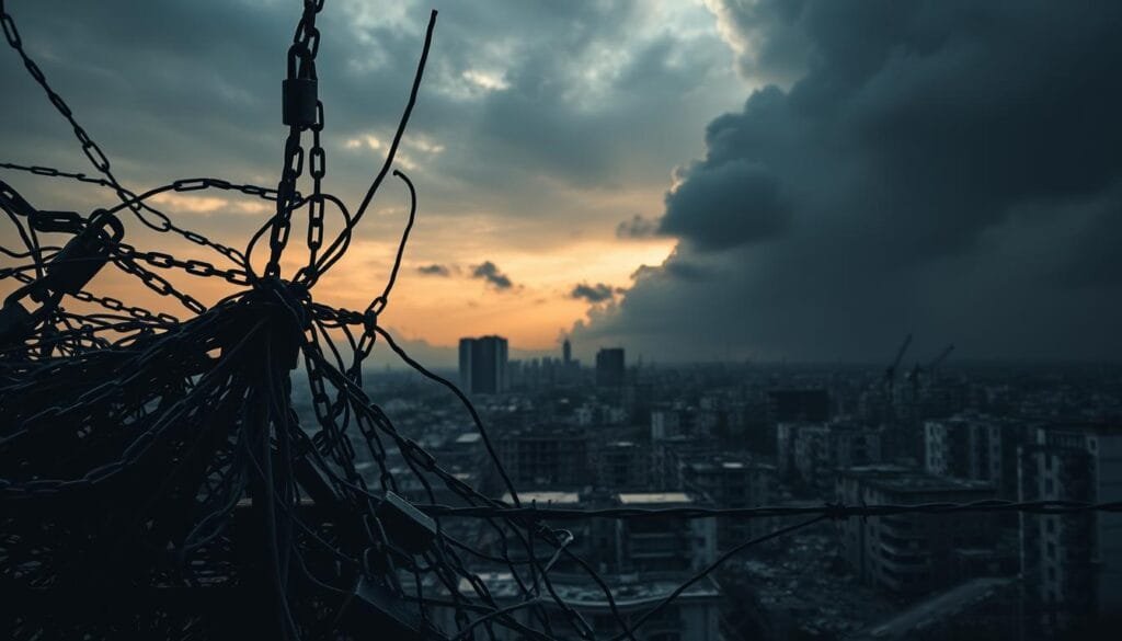 A stark, high-contrast scene depicting the impact of economic sanctions. In the foreground, a tangled web of barbed wire and locked chains symbolizes the barriers and restrictions. The midground features a crumbling cityscape, its buildings and infrastructure in disrepair, reflecting the toll on key industries. In the background, a somber sky casts an ominous shadow, underscoring the grim realities. Dramatic lighting accentuates the sense of tension and uncertainty. Utilize a cinematic, documentary-style aesthetic to convey the gravity of the situation.