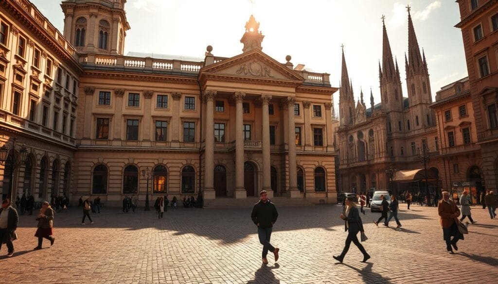 A stately and imposing constitution edifice stands proudly against a backdrop of a sun-dappled, cobblestone square. The façade is adorned with ornate columns, pediments, and intricate architectural details that evoke the grandeur of a bygone era. Warm, golden light filters through towering windows, casting a soft glow over the scene. Citizens mill about the square, their silhouettes adding a sense of life and movement to the composition. In the distance, the spires of a historic cathedral pierce the sky, hinting at the rich cultural heritage of this place. The overall mood is one of dignity, civic pride, and a reverence for the enduring institutions that have shaped this nation's history.