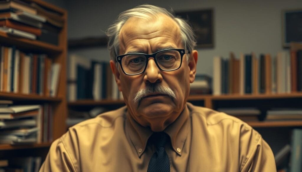 A stern-looking man in his 50s, with thick-rimmed glasses and a neatly trimmed mustache, stands in a modest office setting. The background is dominated by shelves filled with books and documents, hinting at his intellectual pursuits. The lighting is warm and soft, creating a contemplative atmosphere. He wears a crisp, button-down shirt and a tie, conveying a sense of professionalism and dedication. His gaze is focused, as if deep in thought, reflecting the gravity of his work in the origins of the barcode technology. This is a portrait of Norman Joseph Bernard Silver, the co-inventor of the barcode, set against the backdrop of his Pennsylvania office in the mid-20th century.