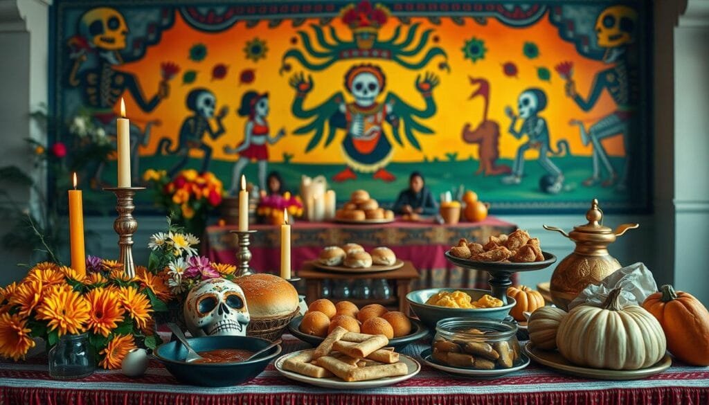 A still life arrangement showcasing traditional Mexican Day of the Dead offerings and recipes. In the foreground, a colorful ofrenda display with marigold flowers, candles, sugar skulls, and freshly baked pan de muerto. In the middle ground, a table with an array of traditional dishes like mole, tamales, and candied pumpkin. The background features a vibrant, warm-toned mural depicting Aztec-inspired imagery and iconography related to the holiday. The lighting is soft and diffused, creating a reverent, contemplative atmosphere. Captured using a medium format camera with a wide-angle lens to accentuate the depth and composition of the scene.