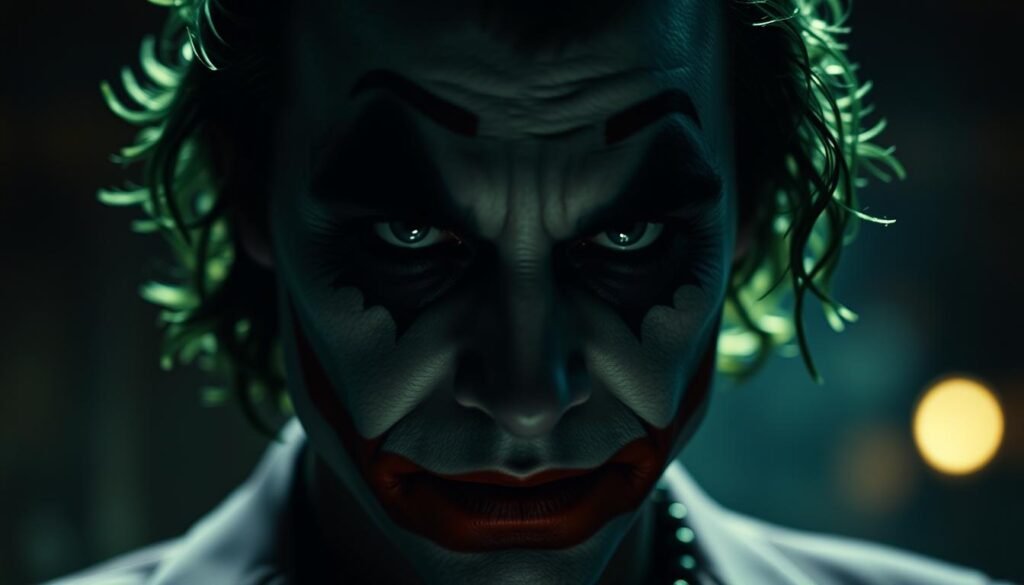 A striking close-up portrait of Joaquin Phoenix as the Joker, captured in dramatic chiaroscuro lighting. His piercing gaze commands attention, the iconic Joker makeup accentuating his intense, almost manic expression. The image has a gritty, cinematic quality, with a moody, brooding atmosphere. The background is softly blurred, placing the focus squarely on Phoenix's captivating performance. The lighting casts dramatic shadows, evoking the character's duality and the psychological depth of his portrayal. This is a powerful, award-worthy image that captures the essence of the Joker and the actor's acclaimed performance.