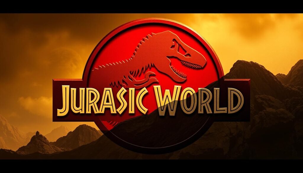 A striking visual evolution of the iconic Jurassic World logo, transitioning from the classic Jurassic Park red to a rich, amber-toned hue. In the foreground, the iconic dinosaur silhouette emerges, its form rendered in meticulous detail, capturing the essence of the prehistoric beasts that have captivated audiences for generations. The middle ground features a dynamic, layered backdrop, blending geological textures and ancient fossils, evoking the primordial origins of the franchise. The overall composition is bathed in a warm, cinematic lighting, casting a nostalgic glow that pays homage to the series' rich cinematic legacy. The result is a visually striking image that seamlessly blends the classic Jurassic aesthetic with a modern, evolutionary twist.