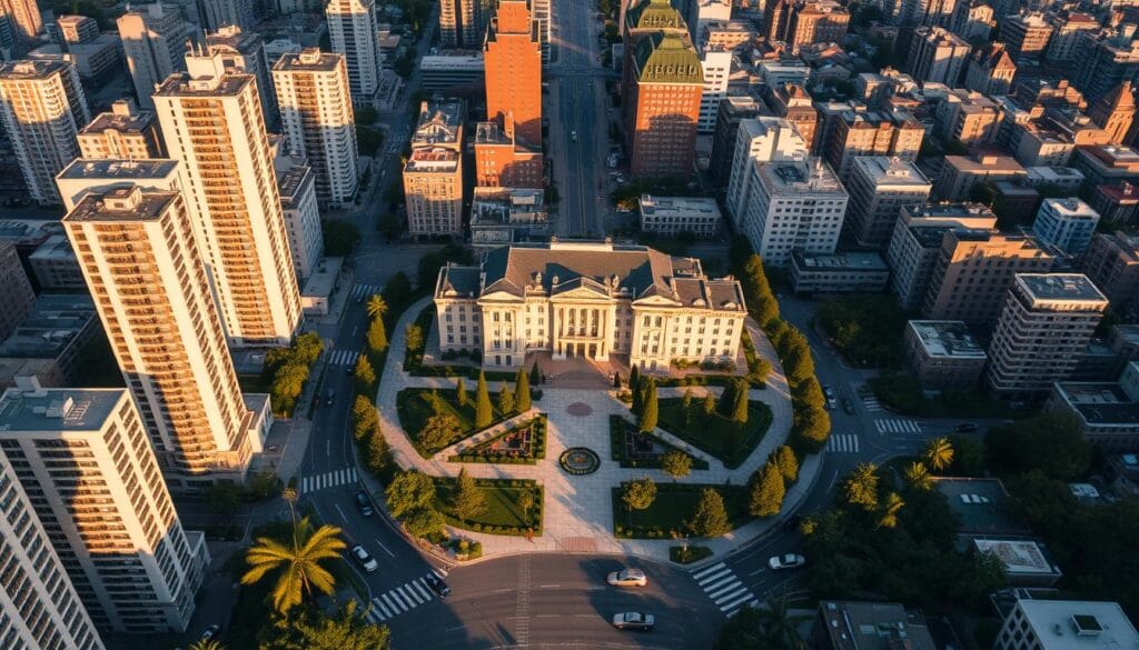 A stunning aerial view of a bustling urban landscape, with towering high-rise buildings casting long shadows across a grid of streets and sidewalks. In the center, a lavish residential complex stands out, its opulent architecture and manicured gardens hinting at the extraordinary wealth and exclusivity of the surrounding neighborhood. The scene is bathed in warm, golden light, creating a sense of affluence and prestige. Sleek luxury cars dot the streets, while well-dressed pedestrians stroll along the pristine sidewalks. This is the epitome of the high-end real estate market, where a million dollars can purchase only a fraction of the sprawling, meticulously designed living spaces that define the pinnacle of urban living.