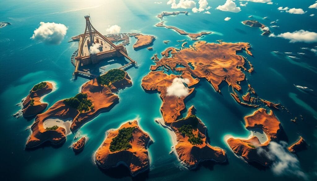 A stunning aerial view of a vast artificial archipelago, recreating the contours of a stylized world map. Vibrant tropical hues bathe the undulating landmasses, each one a miniature microcosm of a continent or island nation. Glistening turquoise waters flow between the intricately designed landforms, creating a mesmerizing, almost dreamlikescape. Dramatic shadows and highlights accentuate the sculptural, architectural quality of the islands, while wispy clouds cast gentle shadows across the scene. The entire composition conveys a sense of wonder and human ingenuity, a testament to the bold vision of the "The World" project. Captured through the lens of a high-altitude camera, this image offers a breathtaking glimpse into a remarkable feat of modern engineering.