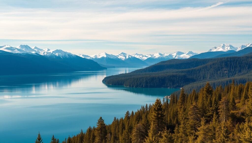 A stunning landscape of Lago Baikal, the world's largest and deepest freshwater lake, nestled amidst the rugged Siberian taiga. In the foreground, the serene, glass-like surface of the lake reflects the surrounding snow-capped mountains, their peaks piercing the crisp, azure sky. In the middle ground, thick, verdant forests of pine and birch line the shores, their lush foliage swaying gently in the cool breeze. In the distance, the vast expanse of the lake stretches out, its deep, turquoise waters seeming to merge with the horizon. Warm, golden sunlight bathes the entire scene, creating a sense of tranquility and natural grandeur. The image captures the untamed beauty and sheer scale of this remarkable natural wonder, a testament to Russia's remarkable natural diversity.