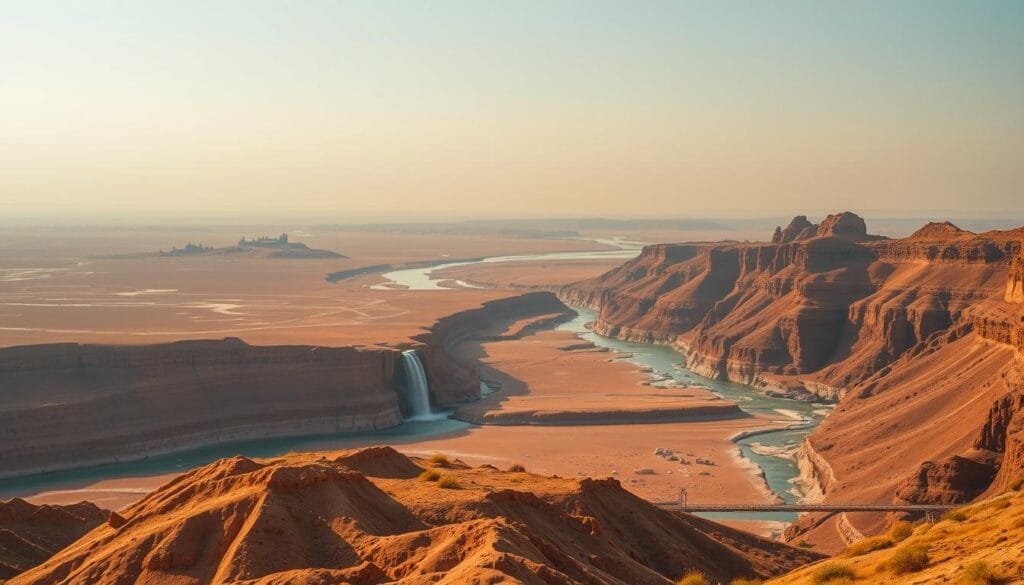 A stunning vista of Ethiopia's unique landscapes, bathed in warm, golden light. In the foreground, the dramatic, alien formations of the Danakil Depression stretch out, a vast, otherworldly desert punctuated by otherworldly salt and sulfur deposits. In the middle ground, the mighty Blue Nile cascades over rocky cliffs, its azure waters carving through the rugged terrain. In the distance, the silhouettes of UNESCO World Heritage sites like the rock-hewn churches of Lalibela rise against a hazy, ochre sky. Conveying the raw, untamed beauty of this ancient, unconquered land.