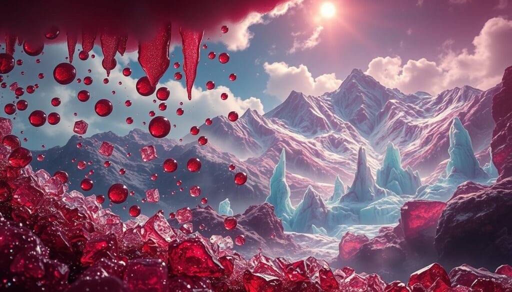 A stunning vista of diverse precipitation types swirling through a vibrant, otherworldly landscape. In the foreground, a cascade of glistening ruby-red droplets descend from a cloud-shrouded sky. Amid them, shimmering diamond-like crystals drift lazily, refracting light in mesmerizing patterns. In the middle ground, a torrent of molten glass pours from an unseen source, solidifying into jagged, translucent spires. The background features a towering, alien mountain range, its peaks capped with layers of exotic ices in hues of sapphire and amethyst. A surreal, dreamlike atmosphere permeates the scene, inviting the viewer to marvel at the wonders of planetary meteorology.