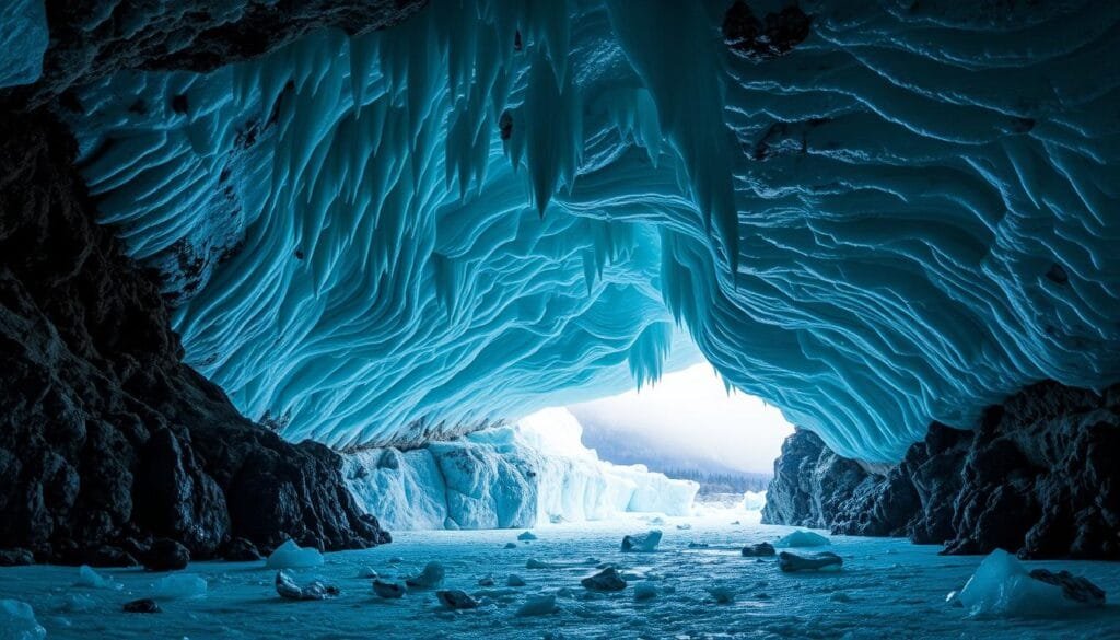 A subterranean glacier nestled within a cavernous ice cave, its luminous blue-green hues illuminated by soft, diffused natural light filtering in from above. Jagged ice formations and stalactites hang overhead, casting dramatic shadows across the frozen expanse. The scene conveys a sense of otherworldly tranquility, inviting the viewer to imagine the unseen wonders that lie beneath the surface of the earth. Captured with a wide-angle lens to emphasize the scale and grandeur of this hidden natural marvel, set against a backdrop of looming rock walls and a distant glimpse of the outside world.