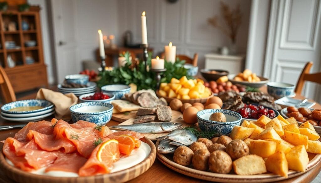 A sumptuous traditional Swedish smörgåsbord spread, captured in a warm, inviting studio setting. In the foreground, an array of mouthwatering delicacies - tender cured gravlax, herring in creamy dill sauce, rich meatballs with lingonberry jam, and crisp, golden potatoes. The middle ground features a polished wood table adorned with classic blue and white patterned tableware, interspersed with fresh greenery and candles, casting a soft, cozy glow. The background showcases a minimalist Scandinavian-inspired interior, with clean white walls and natural wood accents, emphasizing the simple elegance of the Swedish culinary tradition. Captured with a wide-angle lens to showcase the full breadth of the spread, the image radiates an atmosphere of comfort, tradition, and gastronomic delight. A sumptuous traditional Swedish smörgåsbord spread, captured in a warm, inviting studio setting. In the foreground, an array of mouthwatering delicacies - tender cured gravlax, herring in creamy dill sauce, rich meatballs with lingonberry jam, and crisp, golden potatoes. The middle ground features a polished wood table adorned with classic blue and white patterned tableware, interspersed with fresh greenery and candles, casting a soft, cozy glow. The background showcases a minimalist Scandinavian-inspired interior, with clean white walls and natural wood accents, emphasizing the simple elegance of the Swedish culinary tradition. Captured with a wide-angle lens to showcase the full breadth of the spread, the image radiates an atmosphere of comfort, tradition, and gastronomic delight.