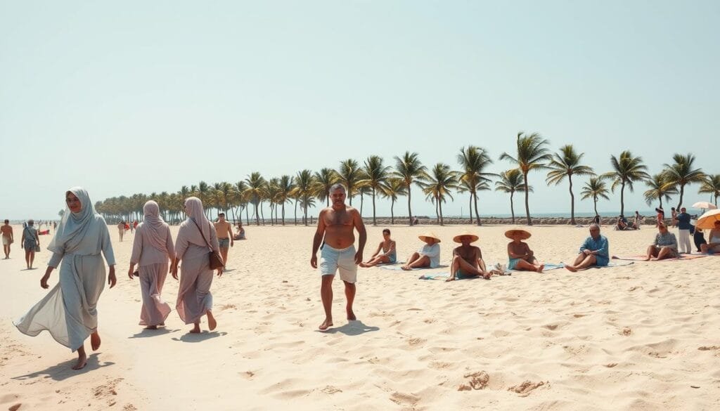 A sun-drenched beach scene with beachgoers donning modest, conservative swimwear and cover-ups. In the foreground, women in long, flowing dresses and headscarves stroll along the shoreline, their feet sinking into the fine, golden sand. In the middle ground, men in knee-length trunks and loose, breezy shirts lounge on colorful beach towels, shielding themselves from the bright, overhead sun with wide-brimmed hats. In the distance, a row of swaying palm trees lines the horizon, casting long, dramatic shadows across the scene. The overall mood is one of tranquility and cultural restraint, reflecting the conservative attitudes towards beachwear and public attire.