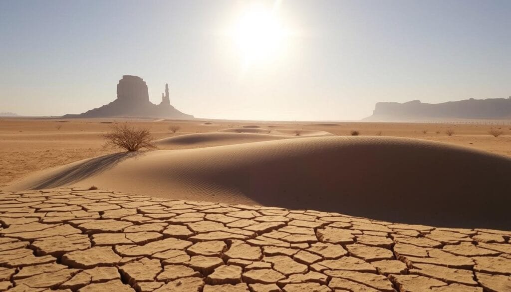 A sun-scorched, barren landscape of the Dasht-e Lut desert in Iran, one of the hottest places on Earth. Cracked earth and windswept dunes stretch endlessly under a relentless, cloudless sky. In the distance, towering rock formations jut up, casting long shadows across the parched terrain. The air shimmers with heat, creating a mirage-like effect. Sparse vegetation clings to life, a testament to the region's extreme conditions. A dry, arid atmosphere permeates the scene, evoking a sense of desolation and the overwhelming power of nature.