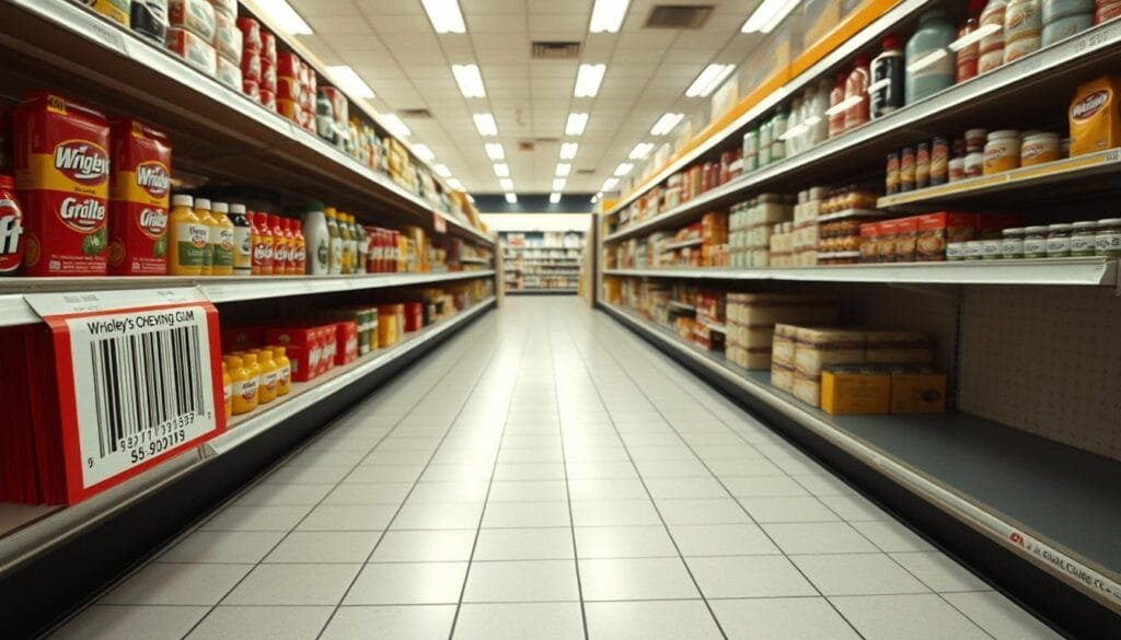 A supermarket aisle in 1974, brightly lit with fluorescent bulbs. On the shelves, a package of Wrigley's chewing gum is prominently displayed, its barcode clearly visible. The scene is captured from a low angle, highlighting the importance of this historical moment. The floor is tiled in a classic 1970s pattern, and the store fixtures have a vintage aesthetic. The atmosphere is one of anticipation and change, as this simple transaction ushers in a new era of retail technology. The image conveys the significance of this pivotal moment in the story of the barcode's introduction to the world.